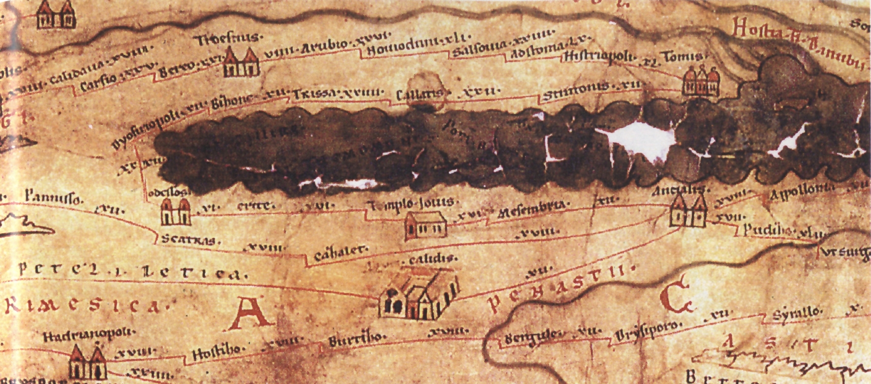 Отсечка от римската пътна карта Tabula Peutingeriana с пътната станция Скатра (Scatras)