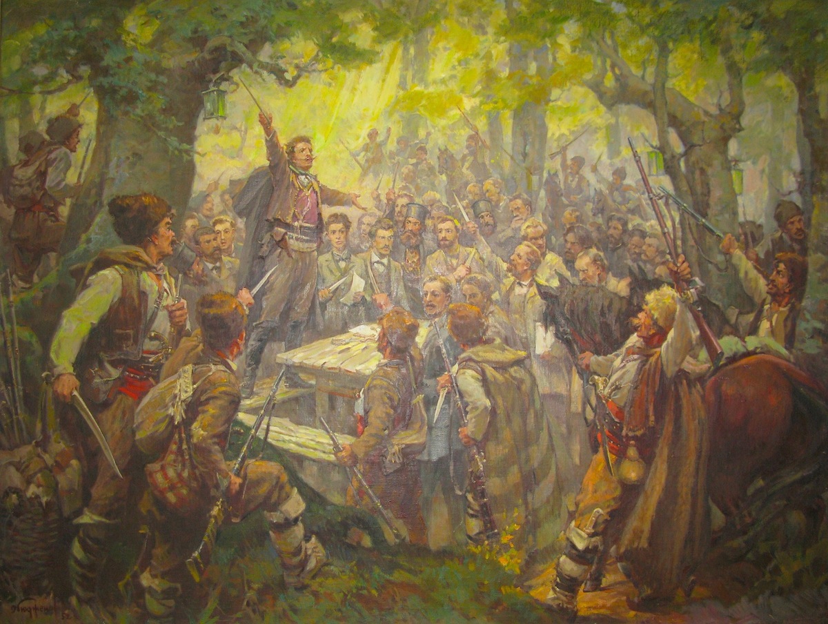 "Оборище", картина от Димитър Гюдженов, 1952 г.
